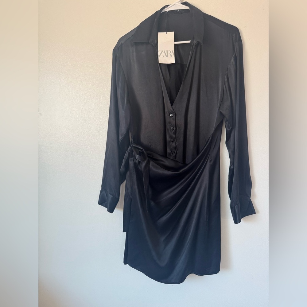 Zara Black Long Sleeve Wrap Dress - Picture 2 of 6